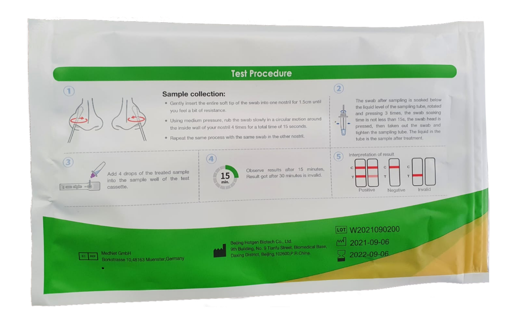Hotgen Coronavirus (2019-nCoV) Antigentest für den Selbsttest (mehrsprachig, einzeln verpackt, im Softbag) CE 0123